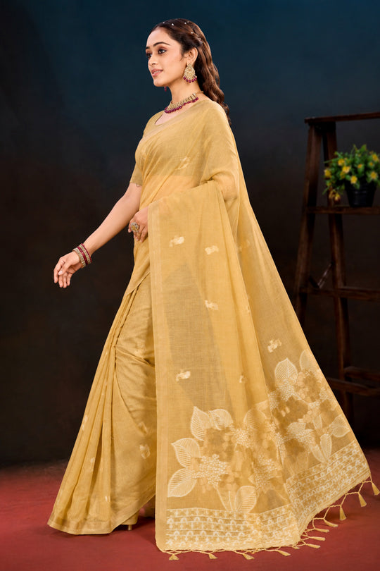 Beige Gold Cotton Blend Woven Work Traditional Saree