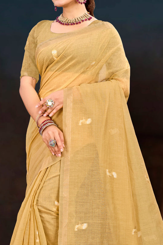 Beige Gold Cotton Blend Woven Work Traditional Saree