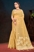 Beige Gold Cotton Blend Woven Work Traditional Saree