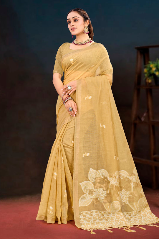 Beige Gold Cotton Blend Woven Work Traditional Saree
