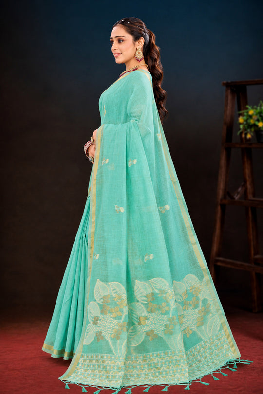 Aqua Green Cotton Blend Woven Work Traditional Saree