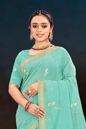 Aqua Green Cotton Blend Woven Work Traditional Saree