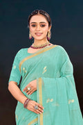 Aqua Green Cotton Blend Woven Work Traditional Saree