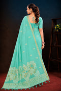 Aqua Green Cotton Blend Woven Work Traditional Saree