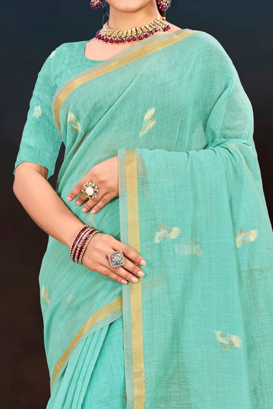 Aqua Green Cotton Blend Woven Work Traditional Saree