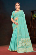 Aqua Green Cotton Blend Woven Work Traditional Saree