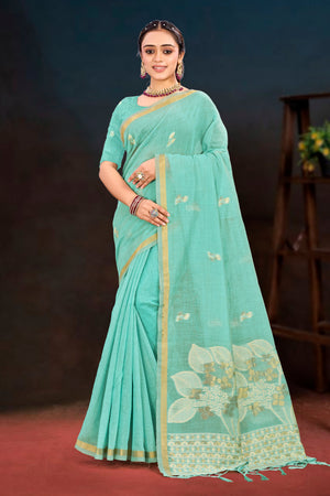 Aqua Green Cotton Blend Woven Work Traditional Saree