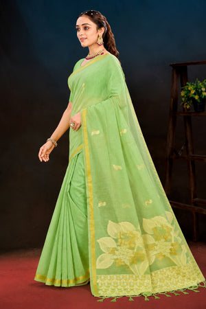Pista Green Cotton Blend Woven Work Traditional Saree