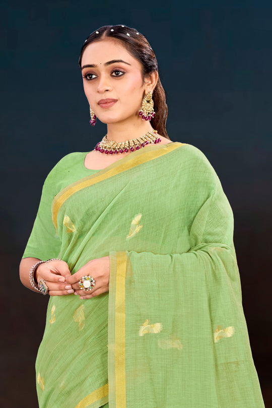Pista Green Cotton Blend Woven Work Traditional Saree