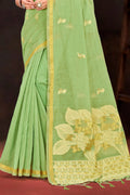Pista Green Cotton Blend Woven Work Traditional Saree