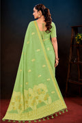 Pista Green Cotton Blend Woven Work Traditional Saree