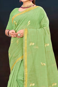 Pista Green Cotton Blend Woven Work Traditional Saree