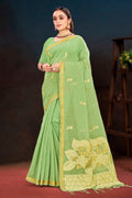 Pista Green Cotton Blend Woven Work Traditional Saree