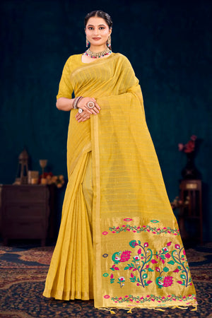 Mustard Yellow Cotton Blend Woven Work Traditional Saree