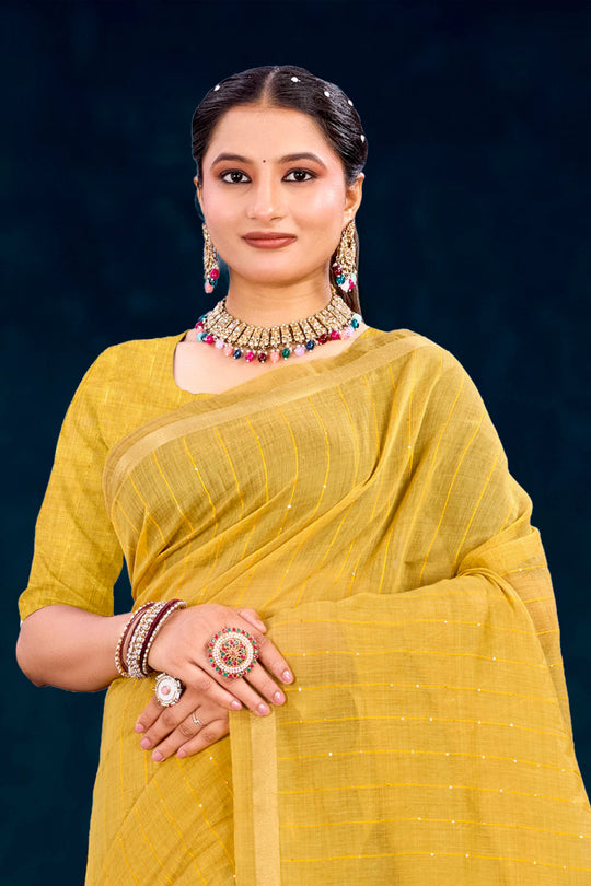 Mustard Yellow Cotton Blend Woven Work Traditional Saree