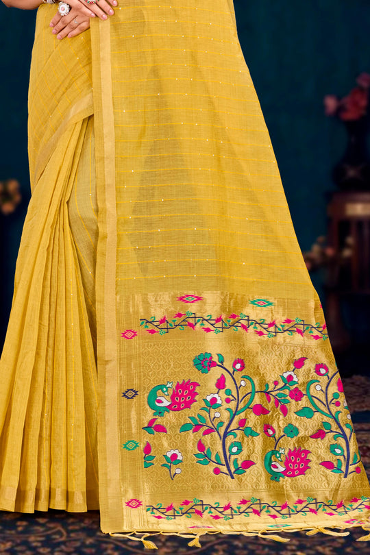 Mustard Yellow Cotton Blend Woven Work Traditional Saree