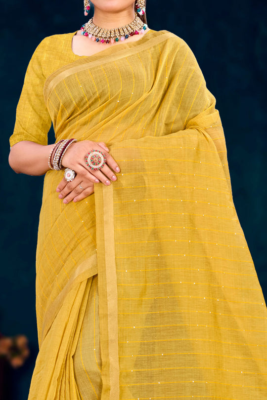 Mustard Yellow Cotton Blend Woven Work Traditional Saree