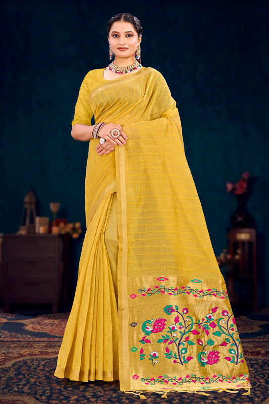 Mustard Yellow Cotton Blend Woven Work Traditional Saree