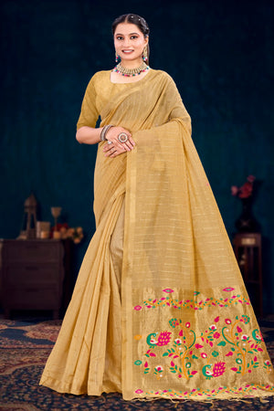 Beige Gold Cotton Blend Woven Work Traditional Saree