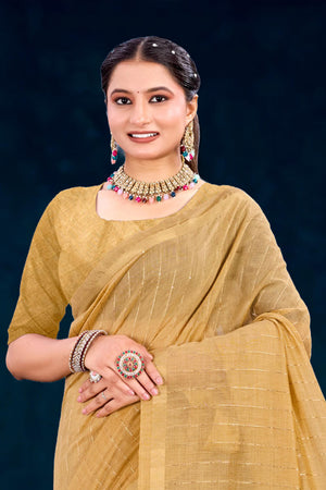 Beige Gold Cotton Blend Woven Work Traditional Saree