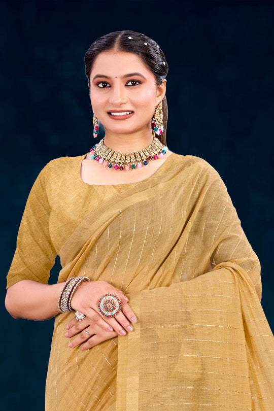Beige Gold Cotton Blend Woven Work Traditional Saree