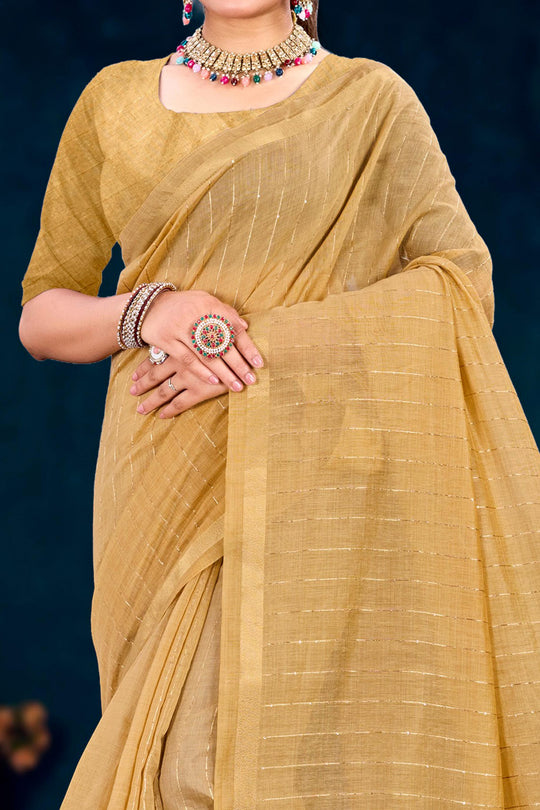 Beige Gold Cotton Blend Woven Work Traditional Saree