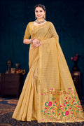 Beige Gold Cotton Blend Woven Work Traditional Saree
