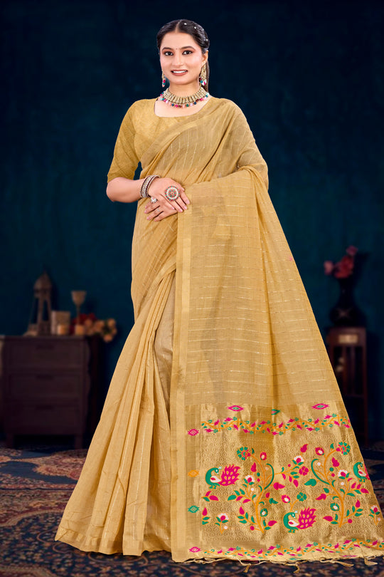 Beige Gold Cotton Blend Woven Work Traditional Saree
