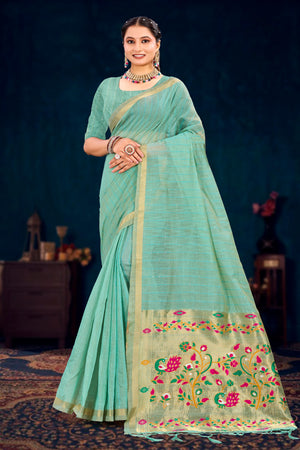 Aqua Green Cotton Blend Woven Work Traditional Saree