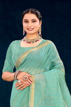 Aqua Green Cotton Blend Woven Work Traditional Saree