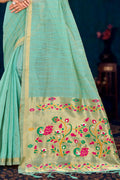 Aqua Green Cotton Blend Woven Work Traditional Saree