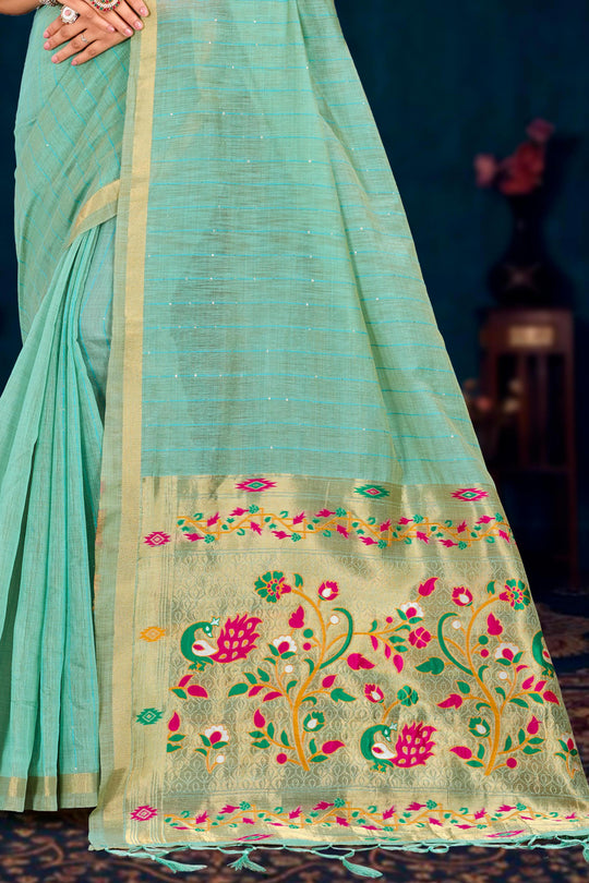 Aqua Green Cotton Blend Woven Work Traditional Saree
