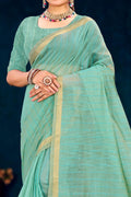 Aqua Green Cotton Blend Woven Work Traditional Saree
