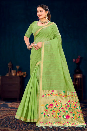 Parrot Green Cotton Blend Woven Work Traditional Saree