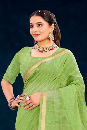 Parrot Green Cotton Blend Woven Work Traditional Saree