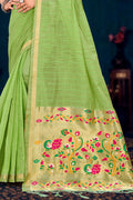 Parrot Green Cotton Blend Woven Work Traditional Saree