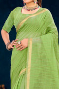Parrot Green Cotton Blend Woven Work Traditional Saree