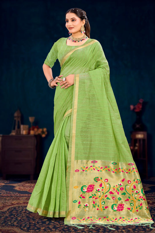 Parrot Green Cotton Blend Woven Work Traditional Saree