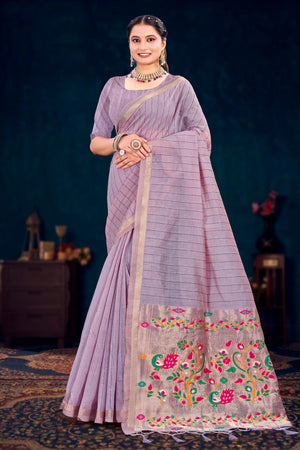 Dusty Lavender Cotton Blend Woven Work Traditional Saree