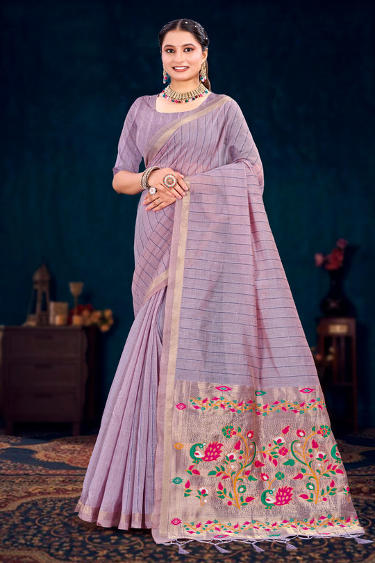 Dusty Lavender Cotton Blend Woven Work Traditional Saree