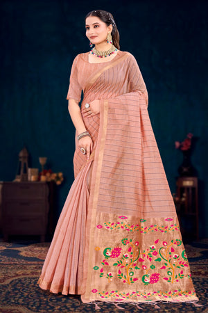 Rose Peach Cotton Blend Woven Work Traditional Saree