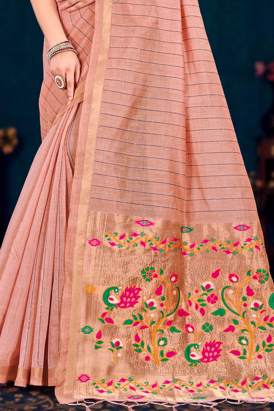 Rose Peach Cotton Blend Woven Work Traditional Saree