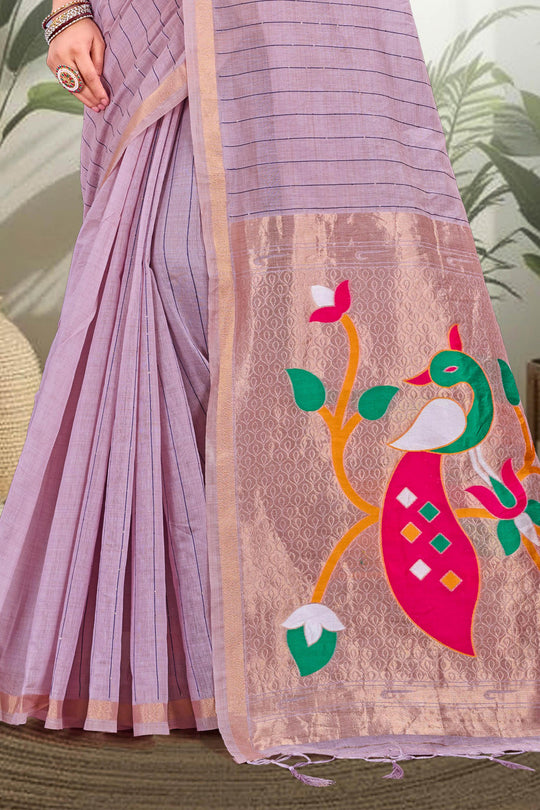 Dusty Lavender Cotton Blend Woven Work Traditional Saree