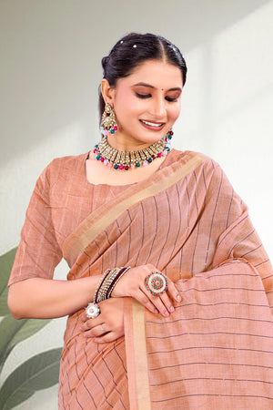 Coral Peach Cotton Blend Woven Work Traditional Saree