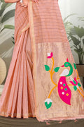 Coral Peach Cotton Blend Woven Work Traditional Saree