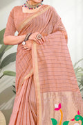 Coral Peach Cotton Blend Woven Work Traditional Saree