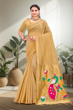 Mustard Gold Cotton Blend Woven Work Traditional Saree