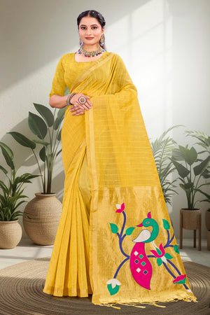 Mustard Yellow Cotton Blend Woven Work Traditional Saree
