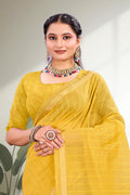 Mustard Yellow Cotton Blend Woven Work Traditional Saree