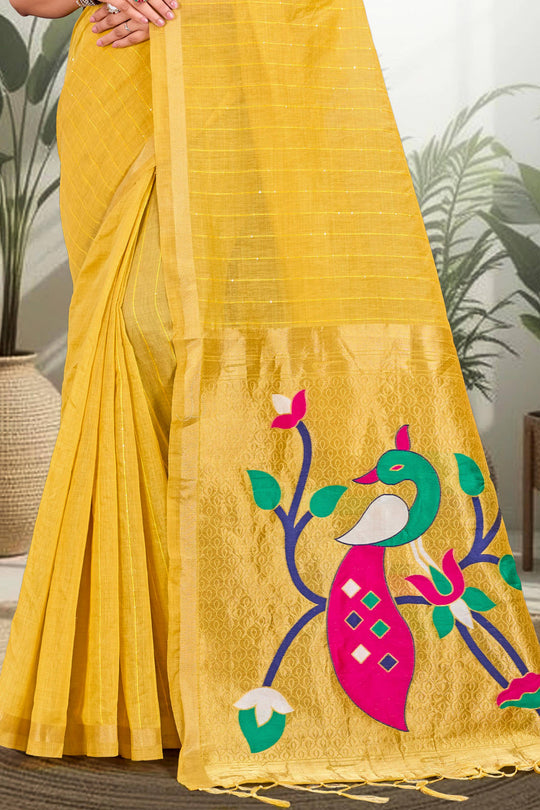 Mustard Yellow Cotton Blend Woven Work Traditional Saree